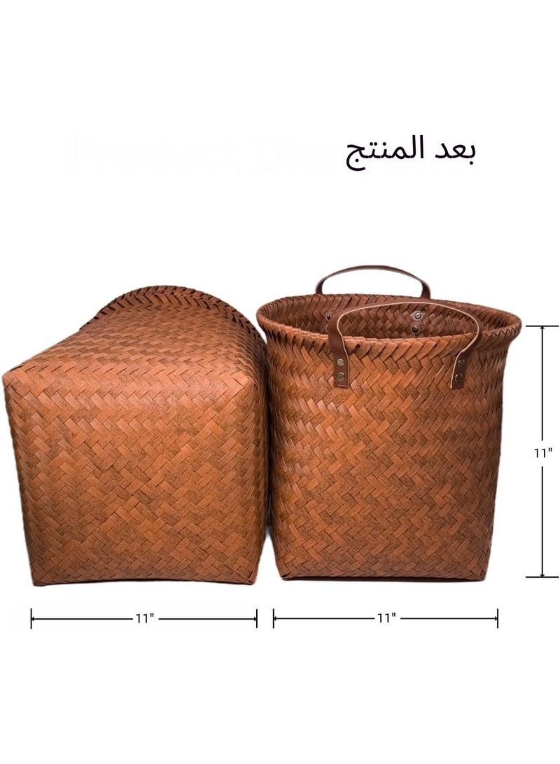 ChenDa Shelf Wicker Storage Basket, 11" x 12" Round Woven Storage Cube Organizer, Faux Rattan Wicker Blanket Basket for Organizing Clothes Toy Laundry Cabinet, 2 Pack, Brown - Image 4
