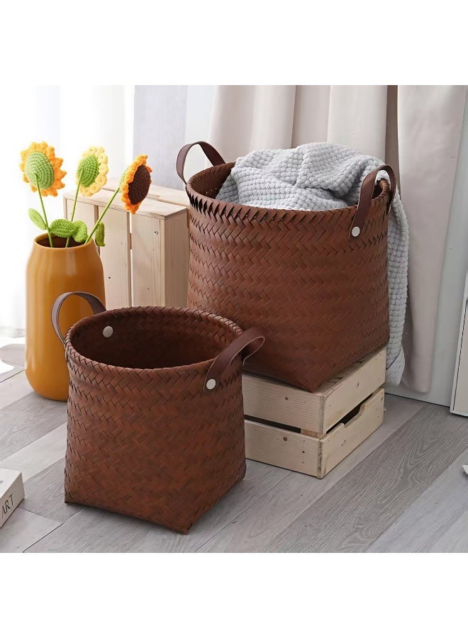 ChenDa Shelf Wicker Storage Basket, 11" x 12" Round Woven Storage Cube Organizer, Faux Rattan Wicker Blanket Basket for Organizing Clothes Toy Laundry Cabinet, 2 Pack, Brown - Image 2