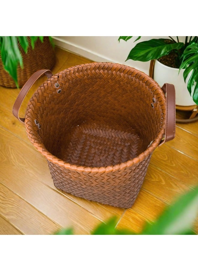 ChenDa Shelf Wicker Storage Basket, 11" x 12" Round Woven Storage Cube Organizer, Faux Rattan Wicker Blanket Basket for Organizing Clothes Toy Laundry Cabinet, 2 Pack, Brown - Image 5