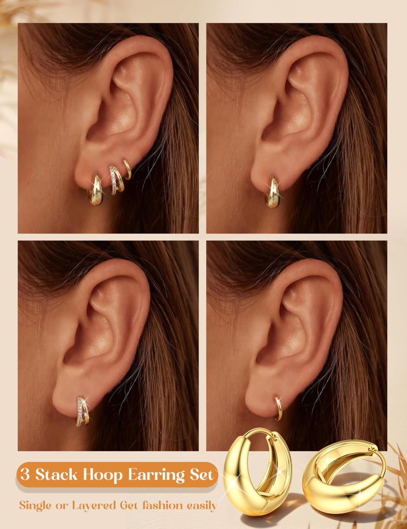 MILACOLATO 3 Pairs Small 14K Gold Plated Hoop Earrings for Women Trendy Hypoallergenic Cartilage Hoop Earring Stacks Silver Plated Huggie Hoops Earring Sets for Multiple Piercing Chunky Double Hoop Jewelry GHT - Image 4