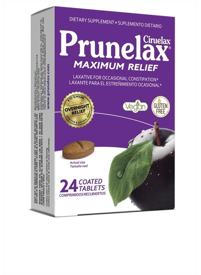 Prunelax Ciruelax Maximum Relief Laxative Tablets with Natural Senna for Occasional Constipation, Senna Extract, Vegan & Gluten-Free, Gentle Overnight Relief - 24ct 