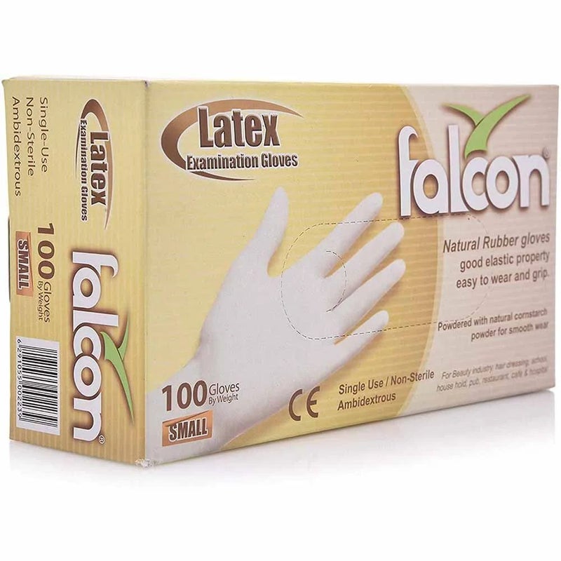 Falcon Latex Gloves, Natural Rubber Gloves, Small- 100pcs of Pre Powdered Gloves Best for Hair Dressing, School, Household, Restaurant - Image 1