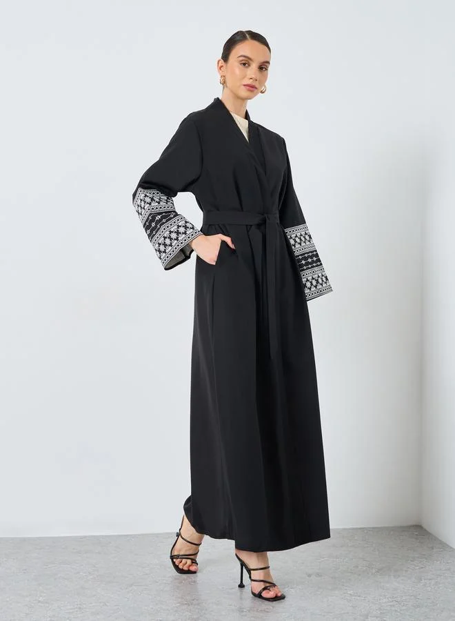تايك تو Take Two Embroidery Sleeve Open Front Abaya