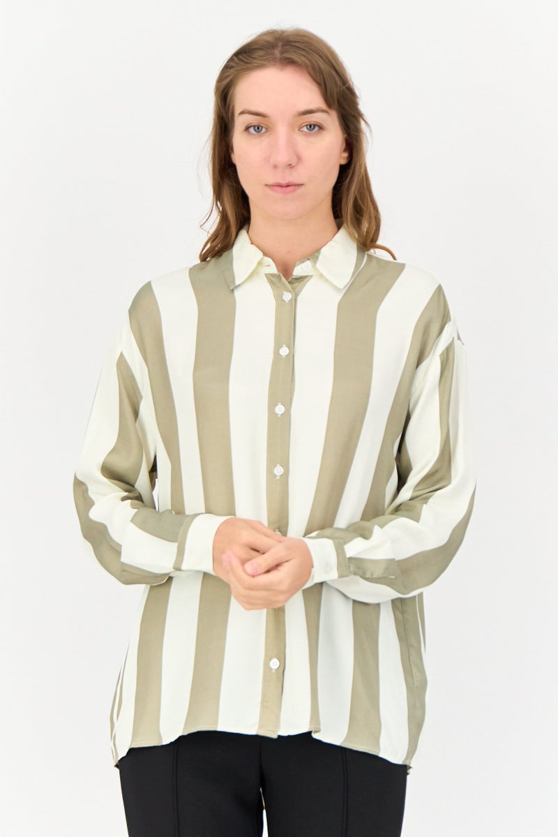 KOTON Ole x Koton Women Spread Collar Long Sleeves Stripe Shirt, Multicolor - Image 1