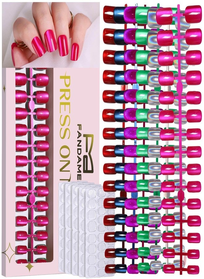 FANDAMEI Press on Nails, 6 Colors Press on Nails Short, Glossy Cat Eye Nails Short Square, Natural Fake Nails for Women, with Nail Adhesive Tabs, Cat Eye Press on Nails Kit - Image 1