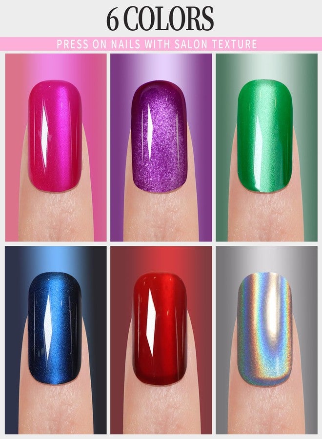 FANDAMEI Press on Nails, 6 Colors Press on Nails Short, Glossy Cat Eye Nails Short Square, Natural Fake Nails for Women, with Nail Adhesive Tabs, Cat Eye Press on Nails Kit - Image 2