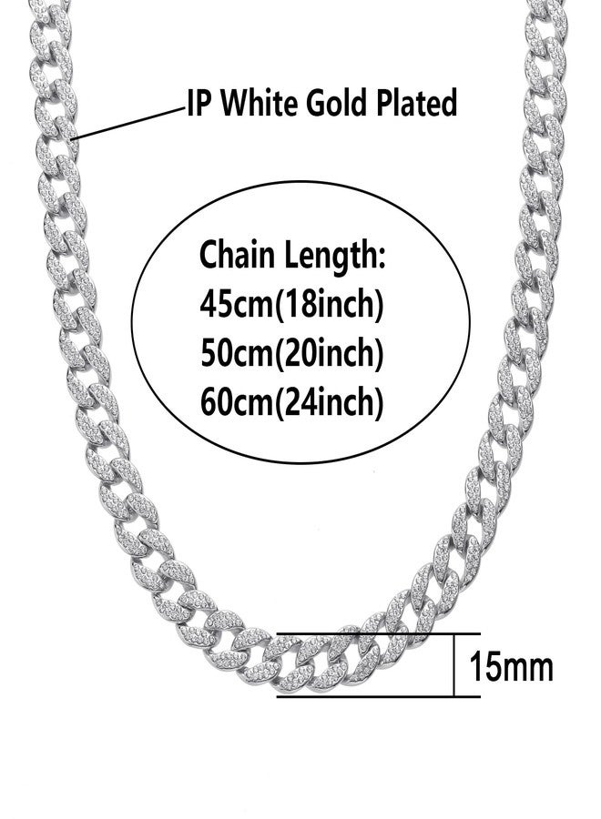 Saintda Cuban Link Chain Men Necklace Bracelet Jewelry Set Silver Fake Diamond Iced Out Bling Thick Necklaces Women Choker Chains (Silver-14mm,18inch) - Image 5