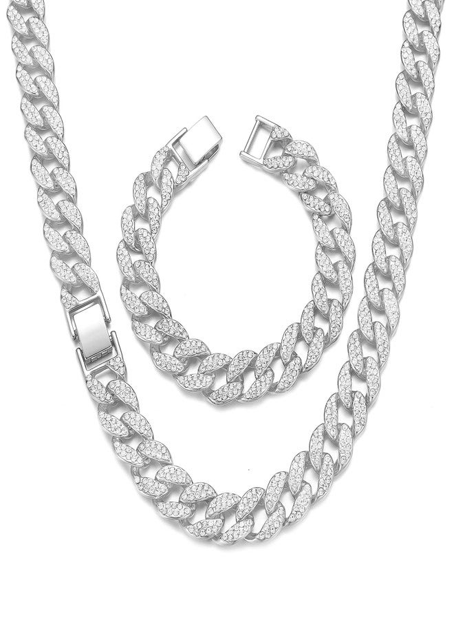 Saintda Cuban Link Chain Men Necklace Bracelet Jewelry Set Silver Fake Diamond Iced Out Bling Thick Necklaces Women Choker Chains (Silver-14mm,18inch) - Image 1