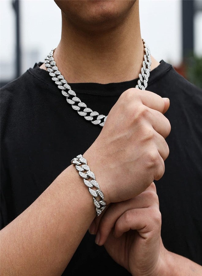 Saintda Cuban Link Chain Men Necklace Bracelet Jewelry Set Silver Fake Diamond Iced Out Bling Thick Necklaces Women Choker Chains (Silver-14mm,18inch) - Image 2