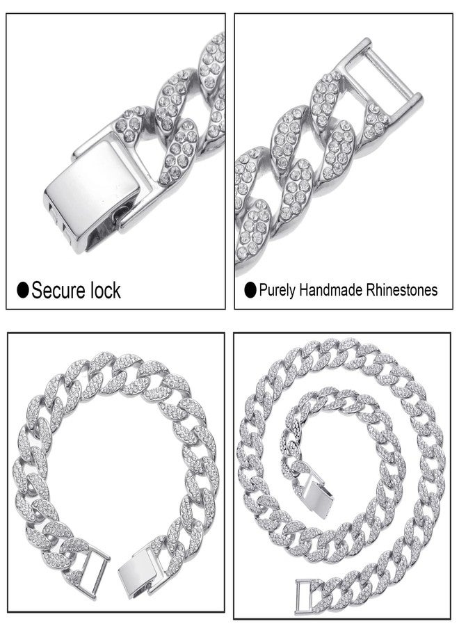 Saintda Cuban Link Chain Men Necklace Bracelet Jewelry Set Silver Fake Diamond Iced Out Bling Thick Necklaces Women Choker Chains (Silver-14mm,18inch) - Image 3