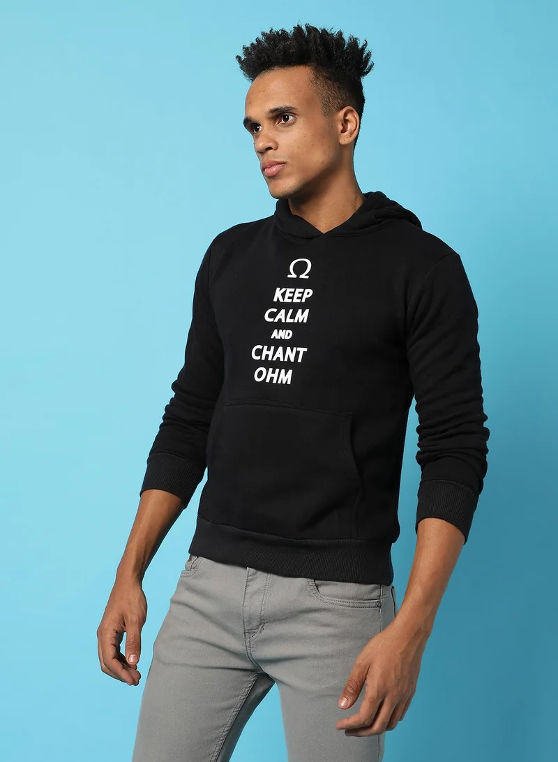 Campus Sutra Men's Onyx Black Chant-Ohm Print Pullover Hoodie