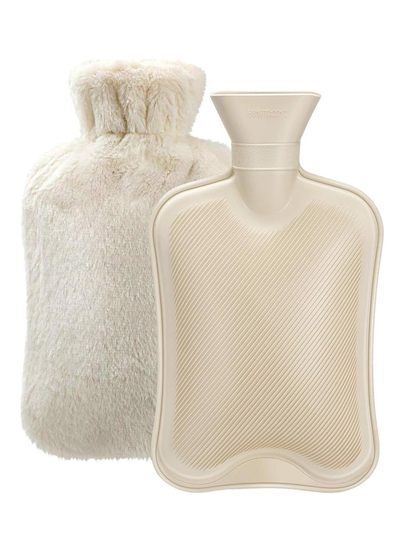 عربست زجاجة ماء ساخن مع غطاء ناعم، حقيبة زجاجة ماء ساخن مطاطية قابلة لإعادة الاستخدام سعة 2 لتر، حقيبة ماء ساخن محمولة، حزمة ماء ساخن بارد لتقلصات العضلات وتخفيف آلام الرقبة والكتفين (بيج) - Image 1