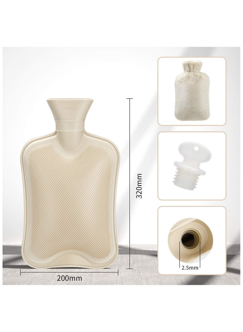 عربست زجاجة ماء ساخن مع غطاء ناعم، حقيبة زجاجة ماء ساخن مطاطية قابلة لإعادة الاستخدام سعة 2 لتر، حقيبة ماء ساخن محمولة، حزمة ماء ساخن بارد لتقلصات العضلات وتخفيف آلام الرقبة والكتفين (بيج) - Image 3