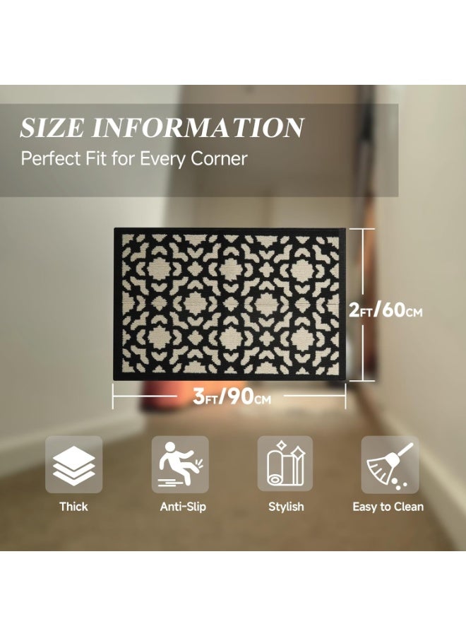 60*90cm Washable Runner Rug for Hallway, Non Slip Low-Pile Kitchen Rug, Durable Soft Floor Carpet Runners for Entryway, Bedroom, Bathroom, Laundry Room, Black Flower - Image 2