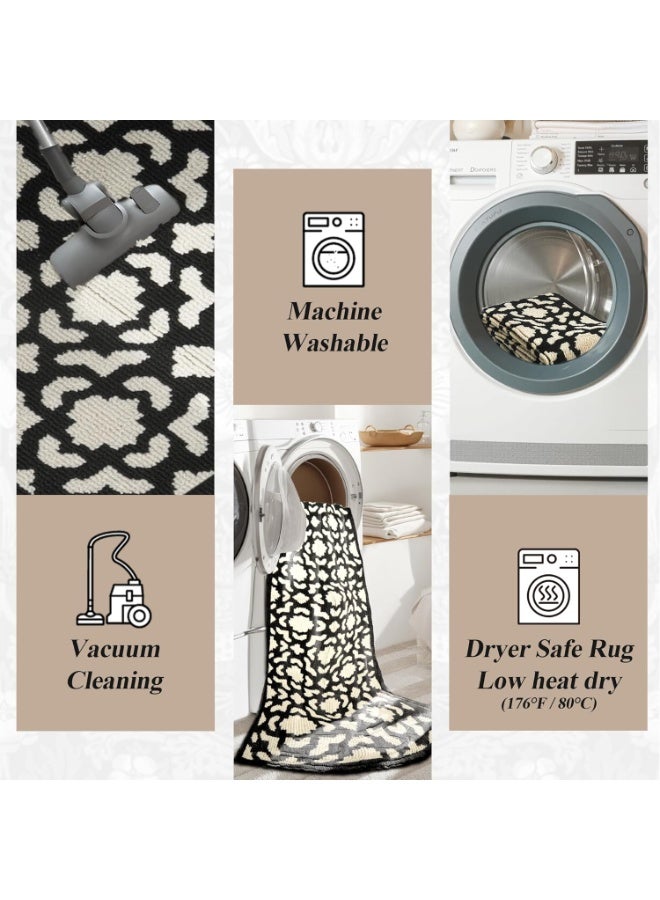 60*90cm Washable Runner Rug for Hallway, Non Slip Low-Pile Kitchen Rug, Durable Soft Floor Carpet Runners for Entryway, Bedroom, Bathroom, Laundry Room, Black Flower - Image 5