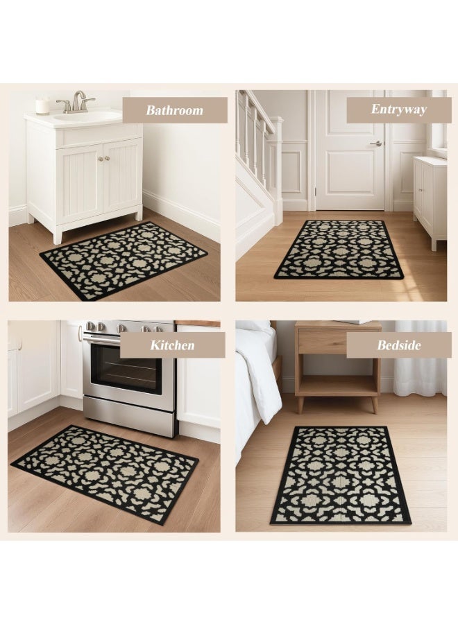 60*90cm Washable Runner Rug for Hallway, Non Slip Low-Pile Kitchen Rug, Durable Soft Floor Carpet Runners for Entryway, Bedroom, Bathroom, Laundry Room, Black Flower - Image 4