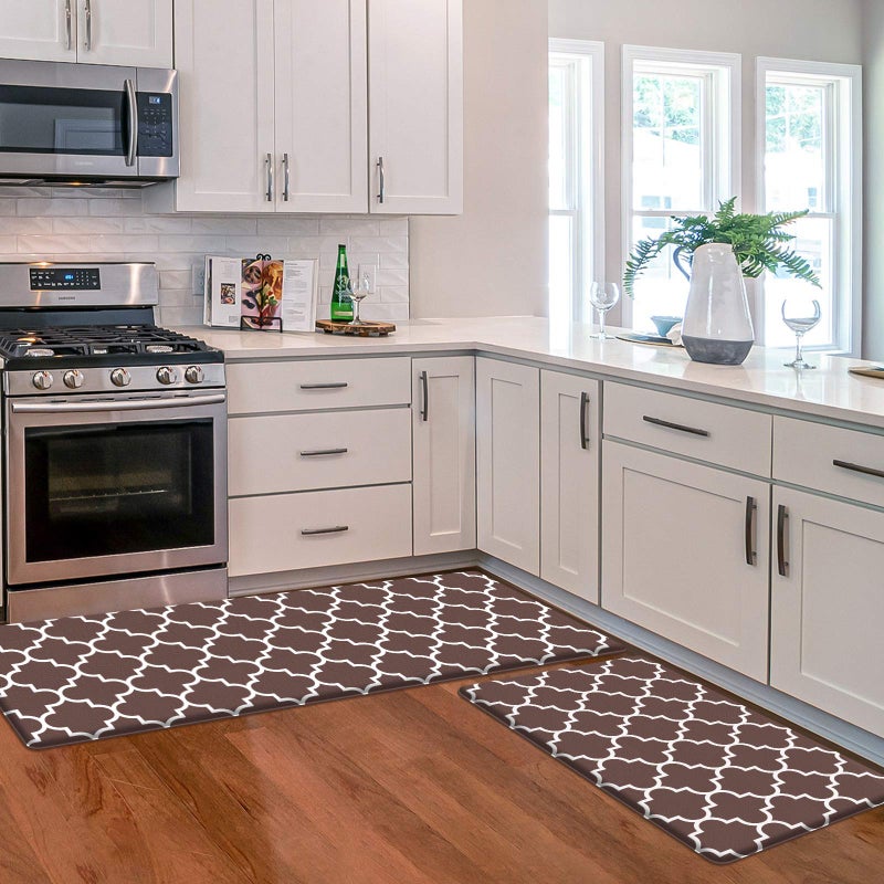 KMAT Kitchen Mat [2 PCS] Cushioned Anti-Fatigue Kitchen Mats and Rugs, Waterproof Non-Slip Kitchen Rug Heavy Duty PVC Ergonomic Comfort Standing Foam Mat for Floor Home, Sink, Laundry,Brown - Image 1
