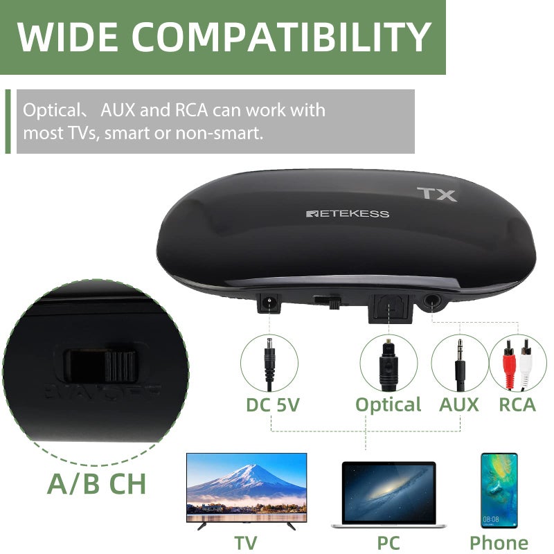 Retekess TA005 Wireless Headphones for TV Watching, TV Headphones for Seniors with Transmitter, Support A/B Channel, AUX, RCA and Optical Input for Elderly, Family (Pack of 1) - Image 3