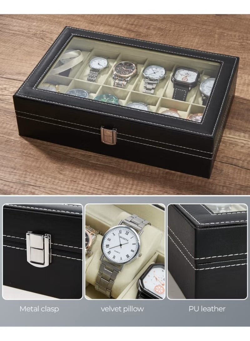 Watch Box with 12 Compartments, Leather, Men's and Women's Watch and Jewelry Box, with Clear Glass - Image 1