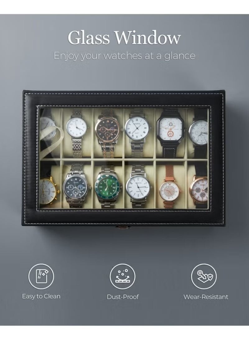 Watch Box with 12 Compartments, Leather, Men's and Women's Watch and Jewelry Box, with Clear Glass - Image 2