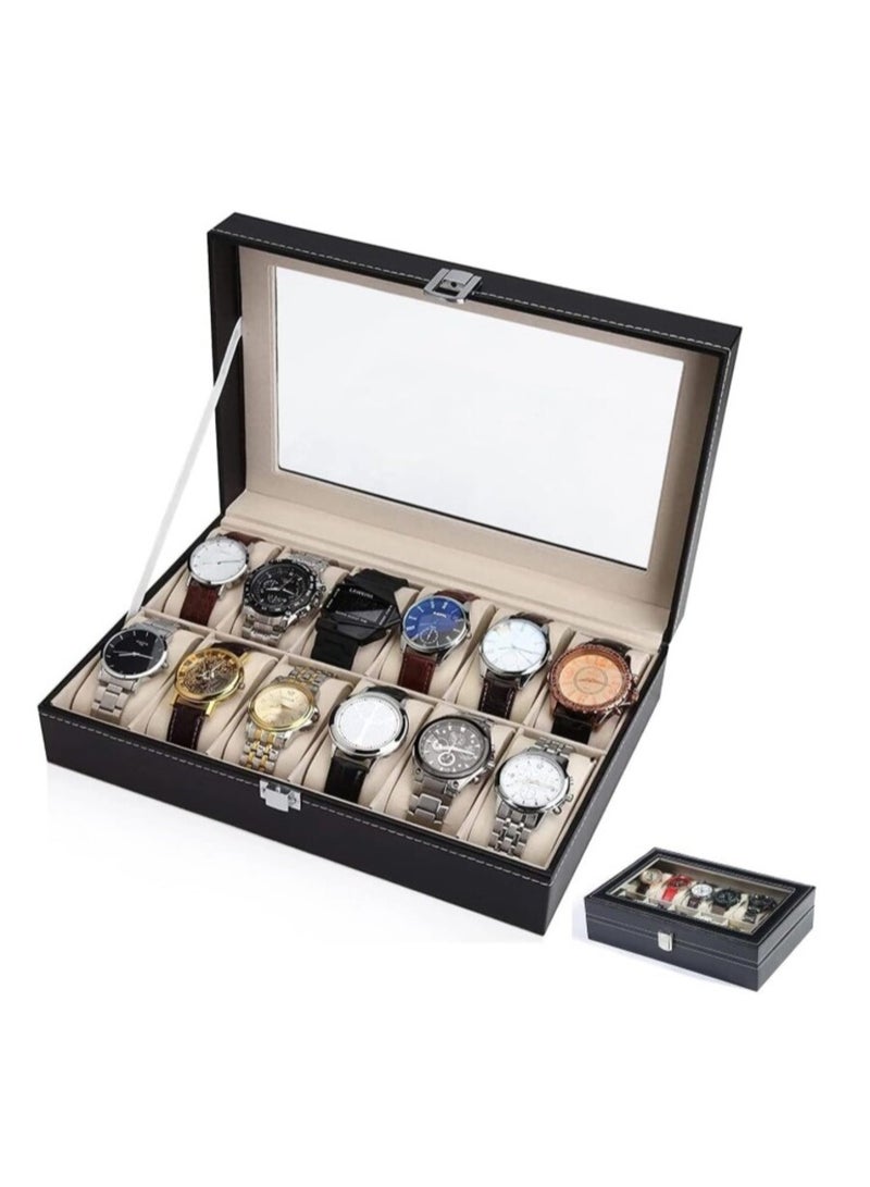 Watch Box with 12 Compartments, Leather, Men's and Women's Watch and Jewelry Box, with Clear Glass - Image 4