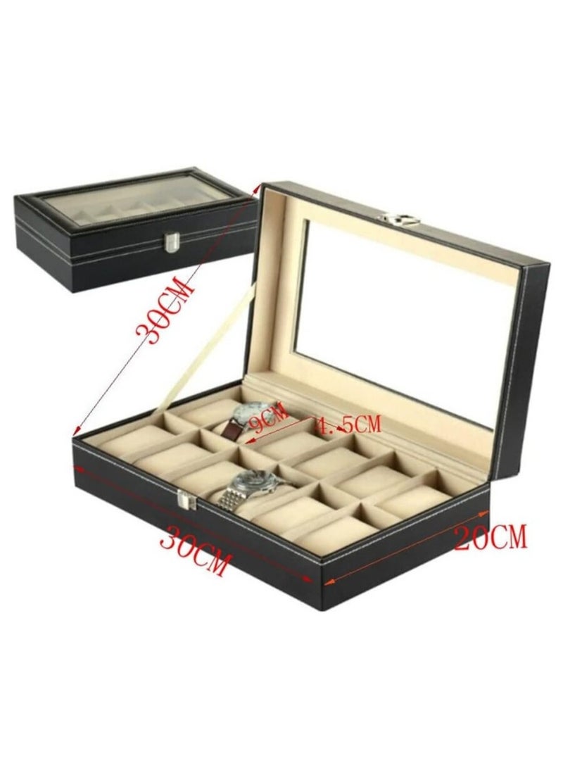 Watch Box with 12 Compartments, Leather, Men's and Women's Watch and Jewelry Box, with Clear Glass - Image 5