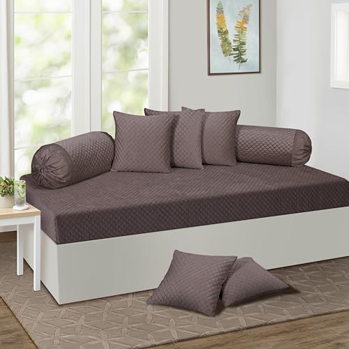 KINGLY Velvet Diwan Cover Set in Mouse Brown - Luxury Quilted Diwan Cover with Cushion and Bolster Covers for Home Décor - Image 1