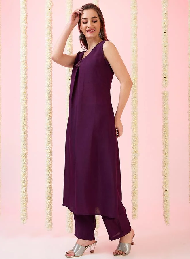 جلو باص طقم كورتا فيوجن بحافة واسعة مزينة بشراريب مع بنطال مستقيم