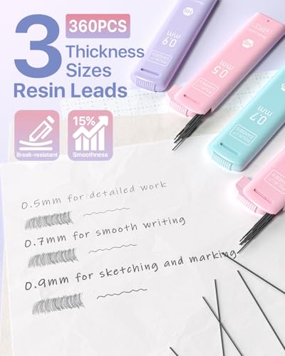 Four Candies Cute Mechanical Pencil Set, 6PCS Pencils 0.5 mm & 0.7 mm & 0.9 mm with 360PCS Lead Refills, Pastel Erasers, Case for School Supplies - Image 3