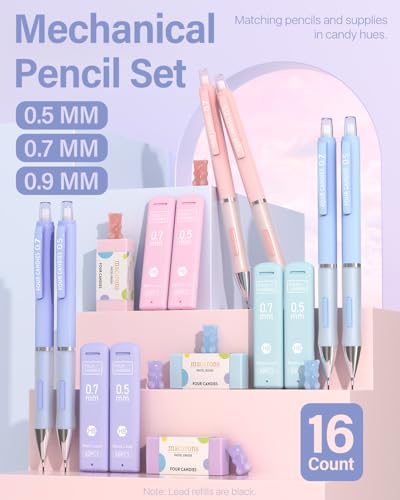 Four Candies Cute Mechanical Pencil Set, 6PCS Pencils 0.5 mm & 0.7 mm & 0.9 mm with 360PCS Lead Refills, Pastel Erasers, Case for School Supplies - Image 4