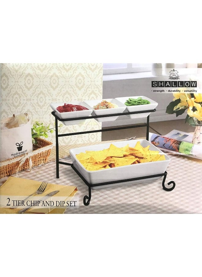 Shallow - Shallow 2 Tier Porcelain Chip and Dip Set with Stand, White, DY2045 - Image 1