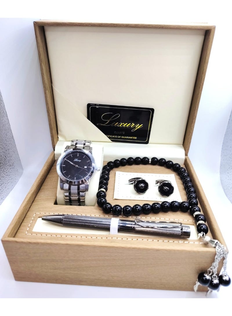 لكجر طقم هدية ساعة رجالية راقية و بجودة عالية ساعة, وقلم, وسبحة, وكبك, سوار فضي وأسود مع ميناء أسود