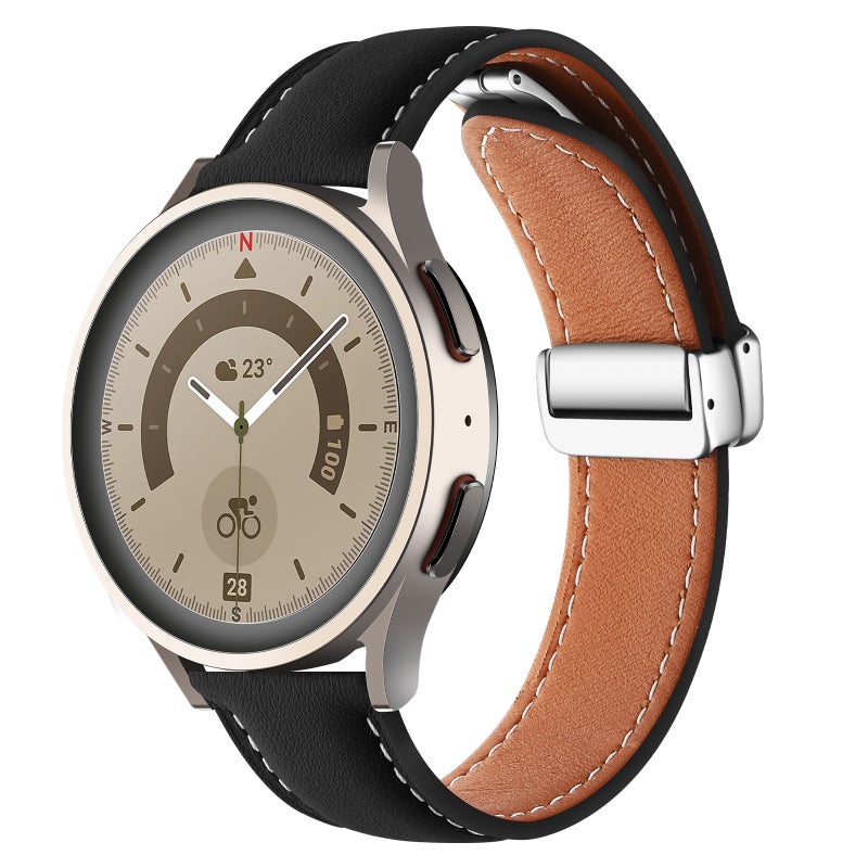 erorex 20Mm Folding Buckle Plain Weave Genuine Leather Watch Band(Black+Silver) - Image 1