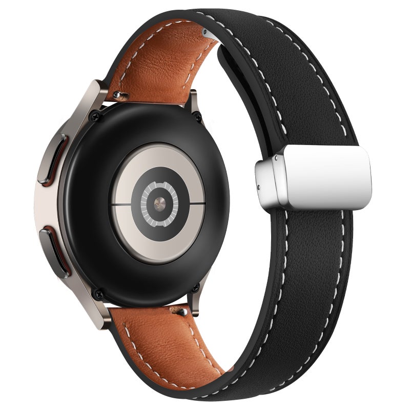 erorex 20Mm Folding Buckle Plain Weave Genuine Leather Watch Band(Black+Silver) - Image 2