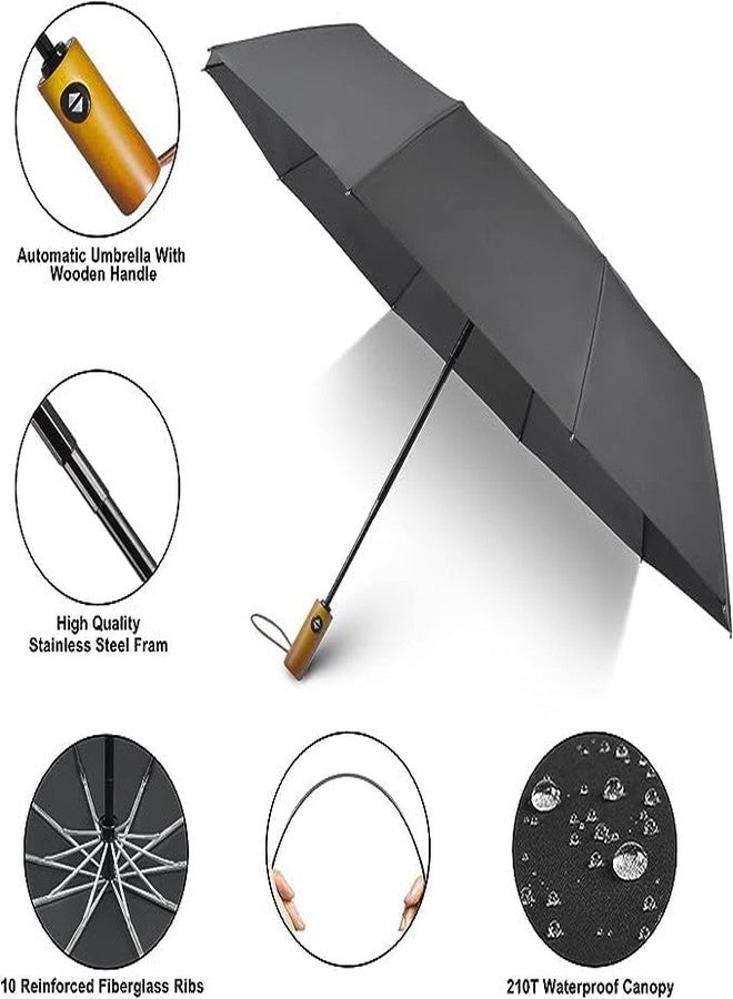 MIXEN Compact Travel UV Sun Umbrella Windproof Small Umbrella for Rain,45Inch Folding Mini UPF Umbrella Automatic Open and Close,Wood Handle Portable Umbrella for Men/Women/Backpack-Black - Image 3