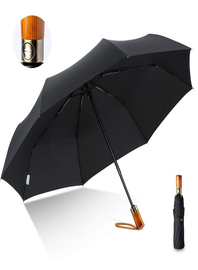 MIXEN Compact Travel UV Sun Umbrella Windproof Small Umbrella for Rain,45Inch Folding Mini UPF Umbrella Automatic Open and Close,Wood Handle Portable Umbrella for Men/Women/Backpack-Black - Image 1