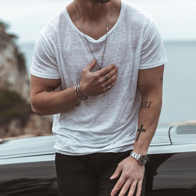 Selling Summer Thin Men'S T-Shirt Solid Color Loose European Size Round Neck Base Shirt - Image 2