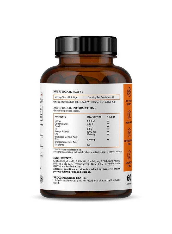 Nirvasa Omega 3 Salmon Fish Oil Capsules | 1000mg Omega 3 with 180mg EPA & 120mg DHA | No Fishy Burps | Best Fish Oil for Heart Brain Joint & Bone Health | For Men & Women | 60 Softgels | Pack of 1 - Image 3