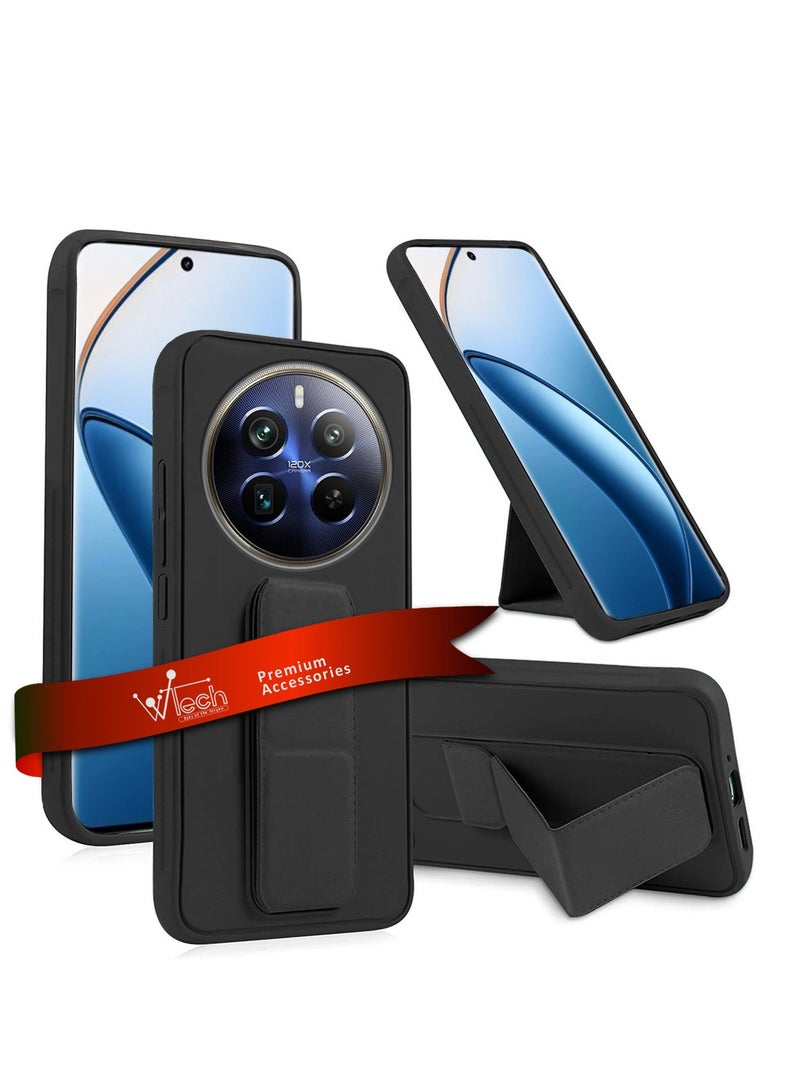 Wtech Hand Grip Foldable Magnetic Kickstand Wrist Strap Finger Grip With Built-In Iron Case Cover For Realme 12 Pro / 12 Pro+ / 12 Pro Plus 5G 2024 Black - Image 1