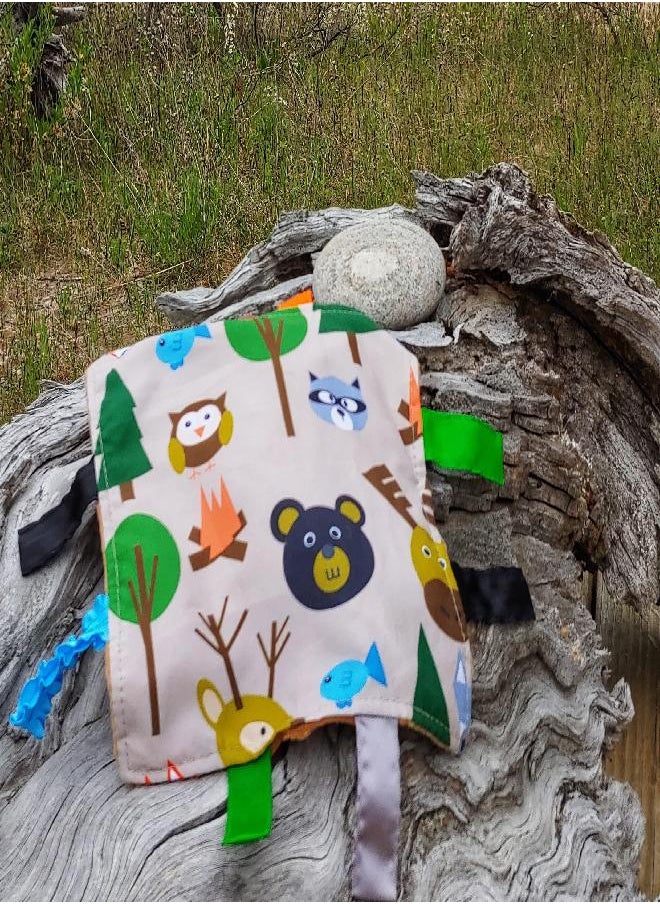 The Learning Lovey Baby Sensory Crinkle & Teething Square Lovey Toy with Closed Ribbon Tags for Increased Stimulation: 8"X8" (Forest Animals)  - Image 4