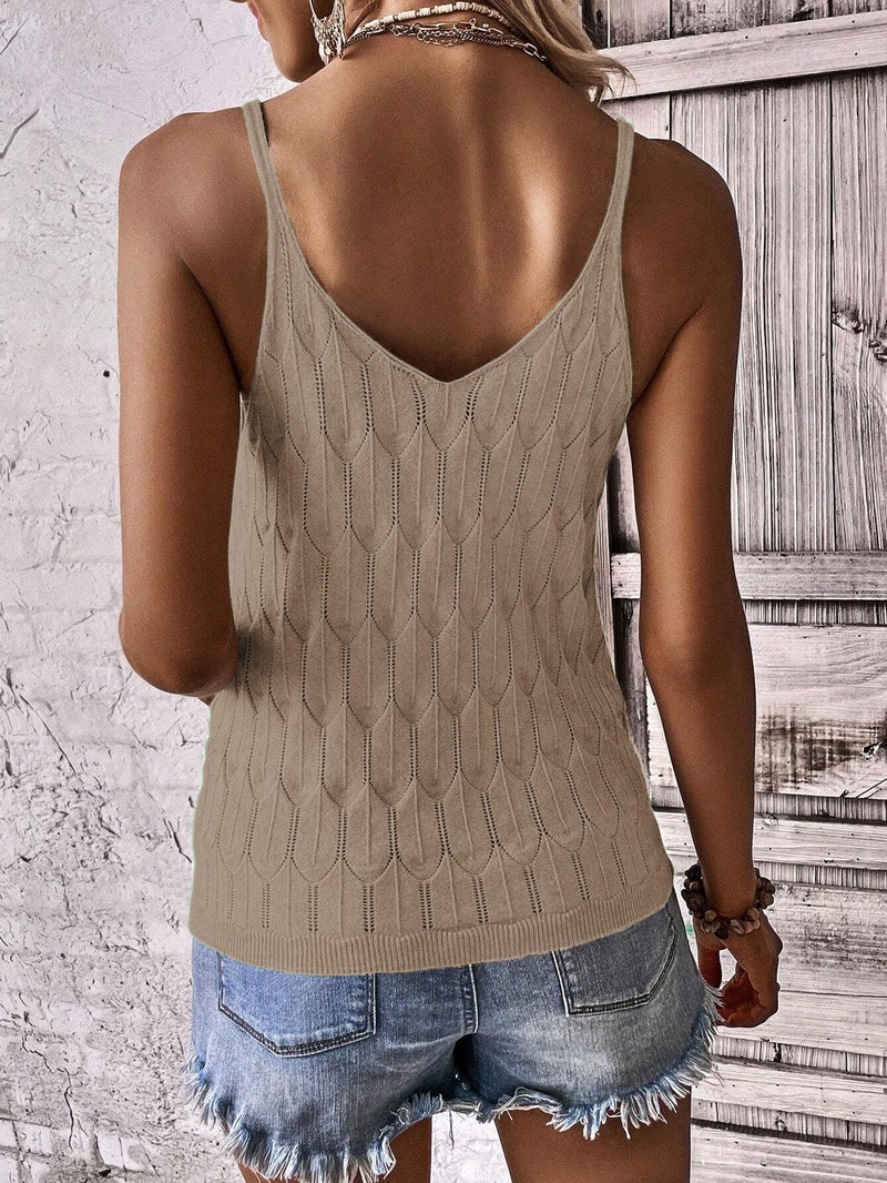 Allimy Womens Pointelle Knit Tank Top Solid V Neck Backless Knit Sleeveless Spring Tanks Tops Cami Shirts Light Brown M - Image 4
