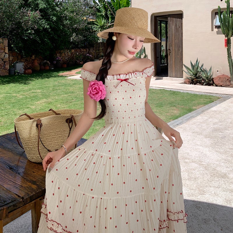 1 x 5 pcs Womens Summer French Chic Slimming A- line Umbrella Dress Long Waist-Fitted Tank Dress Cracker Khakis Square Collar Dress Picture Color 