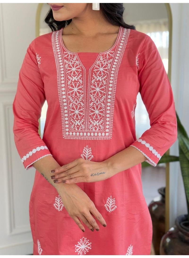 Naixa Women's Gajri Cotton Embroidered Straight Kurta with Cotton Pant and Nazneen Laced Dupatta Sets (NX-703-Gajri-3XL) - Image 5
