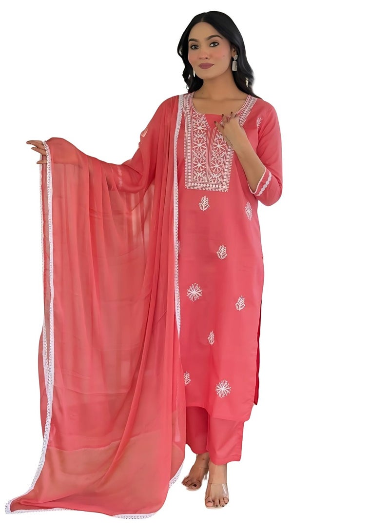 Naixa Women's Gajri Cotton Embroidered Straight Kurta with Cotton Pant and Nazneen Laced Dupatta Sets (NX-703-Gajri-3XL) - Image 1