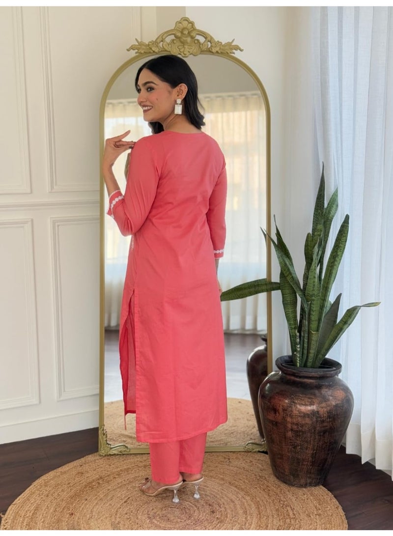 Naixa Women's Gajri Cotton Embroidered Straight Kurta with Cotton Pant and Nazneen Laced Dupatta Sets (NX-703-Gajri-3XL) - Image 4