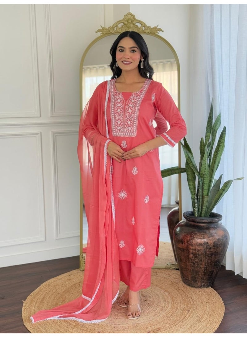 Naixa Women's Gajri Cotton Embroidered Straight Kurta with Cotton Pant and Nazneen Laced Dupatta Sets (NX-703-Gajri-3XL) - Image 2