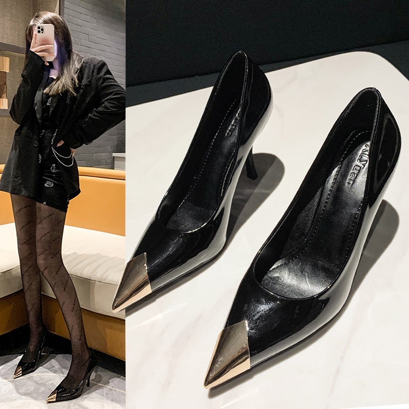 Patent Leather Pointed Shoes Black High Heels Heel Temperament Pointed French Girls Professional Shoes Manufacturers - Image 2