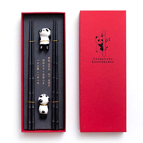HauSun 2 Pairs Chopsticks and Chopstick Rest Gift Set- Dishwasher Safe Reusable Fiber Glass Chopsticks + Porcelain Cute Panda Chopstick Holder, Non-slip Chinese Japanese Style, Black - Image 1