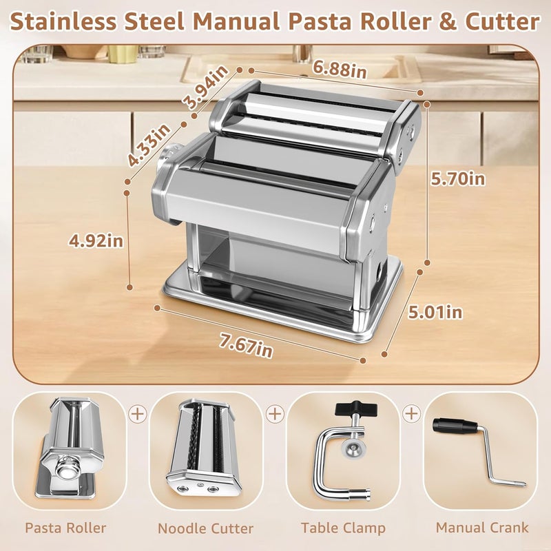 AceChef Pasta Maker - 7 Thickness Settings Pasta Roller & 2-in-1 Cutter, Stainless Steel Pasta Machine for Spaghetti, Fettuccine, Ravioli, Lasagna - Includes Hand Crank & Table Clamp - Image 4