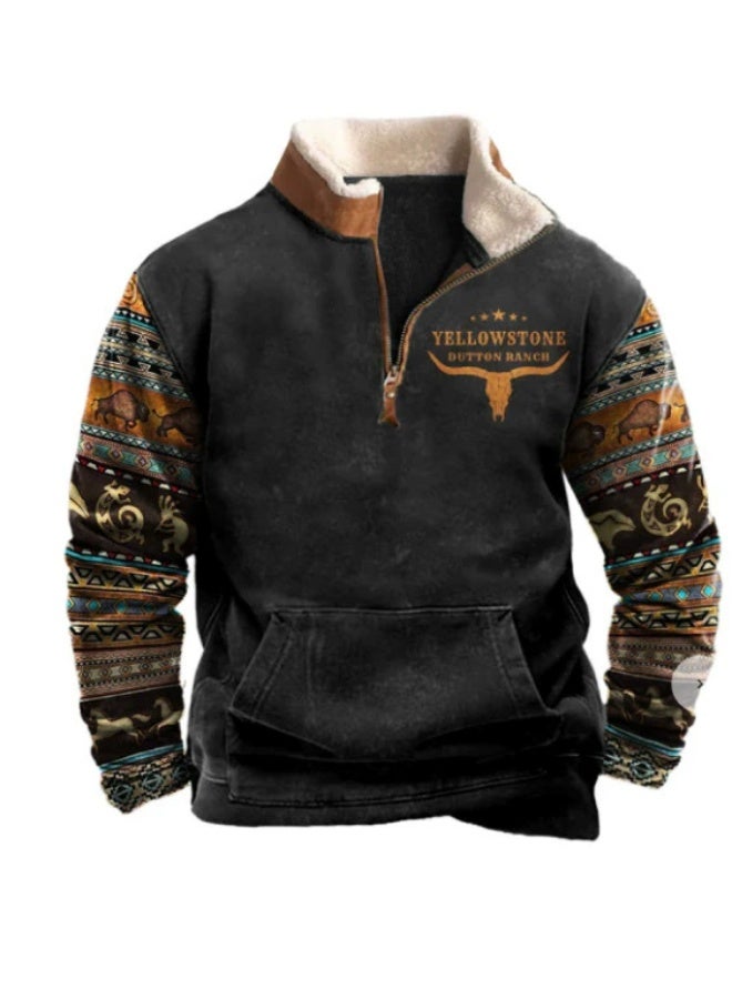 general HOTYD Men's 1/4 Zip Fleece Stand Collar Sweatshirt Aztec Pattern Oversized Long Sleeve Pullover Hoodie - Image 1